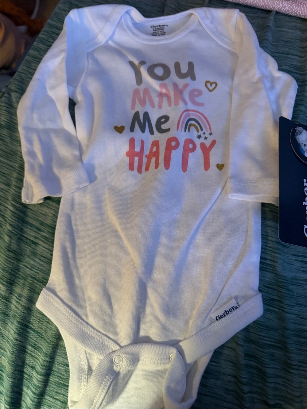 Gerber White Long-Sleeve One-Piece with Colorful 'You Make Me Happy' Graphic